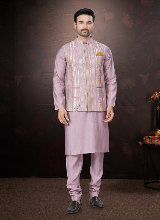 Pink Pure Silk Mens Kurta Pajama Set with Jacket