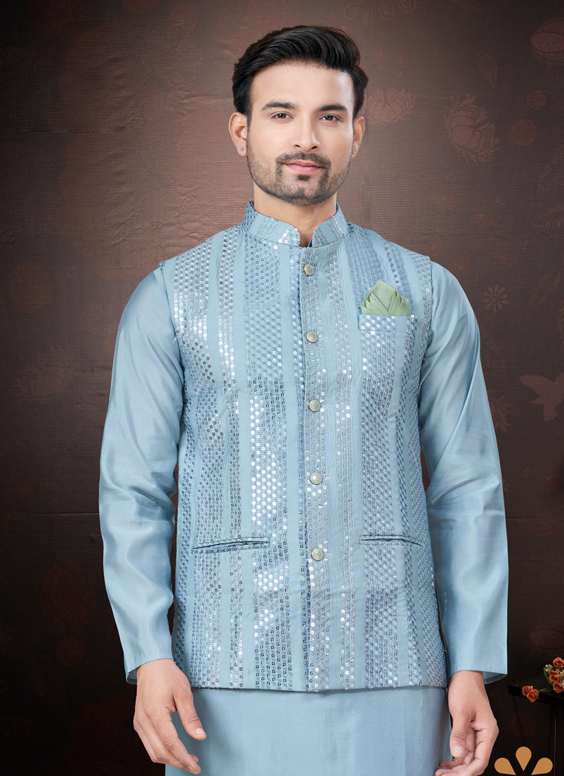 Sky Blue Pure Silk Mens Kurta Pajama Set with Jacket