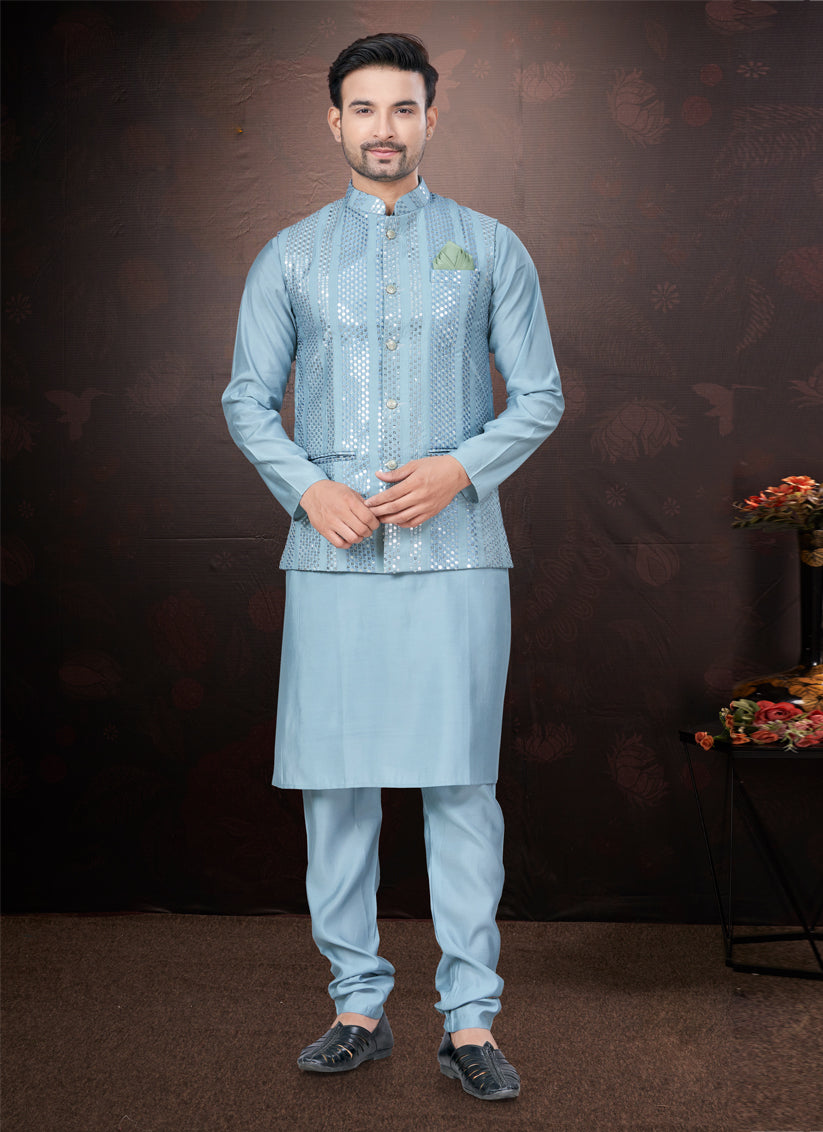 Sky Blue Pure Silk Mens Kurta Pajama Set with Jacket