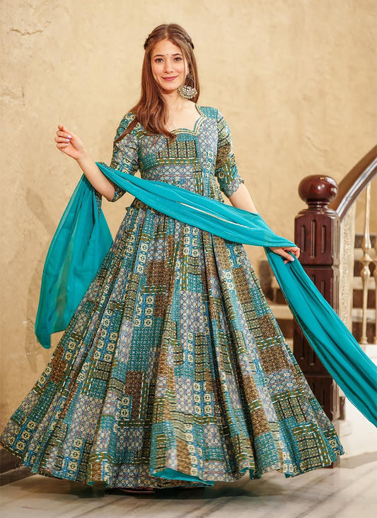Turquoise Blue Heavy Digital Printed Gown