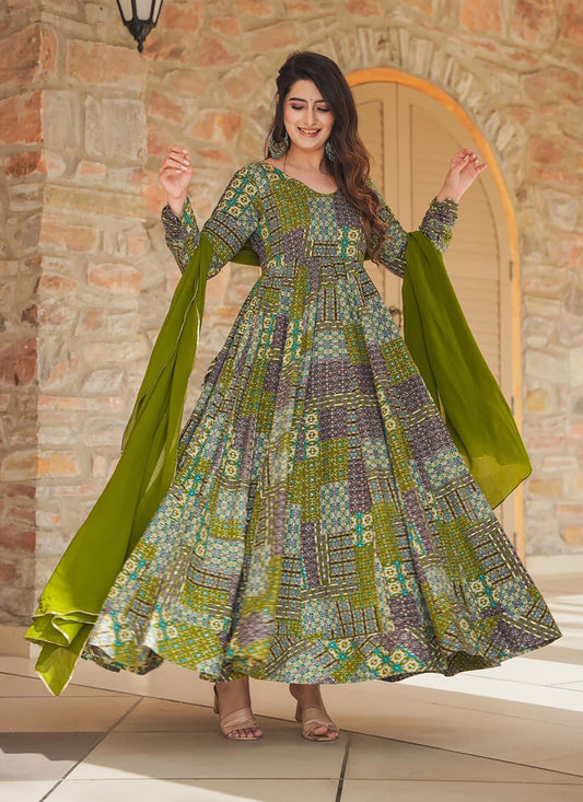 Olive Green Heavy Digital Printed Gown