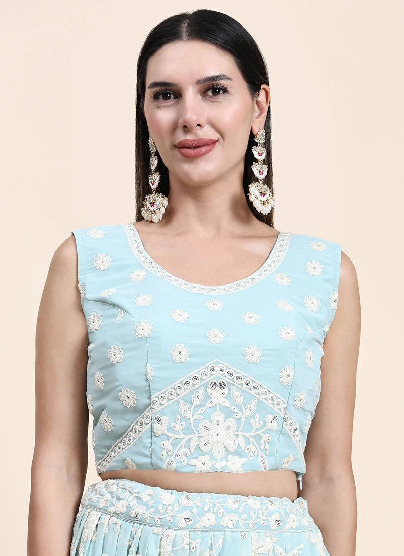 Ice Blue Georgette Lakhnavi Readymade Lehenga Choli