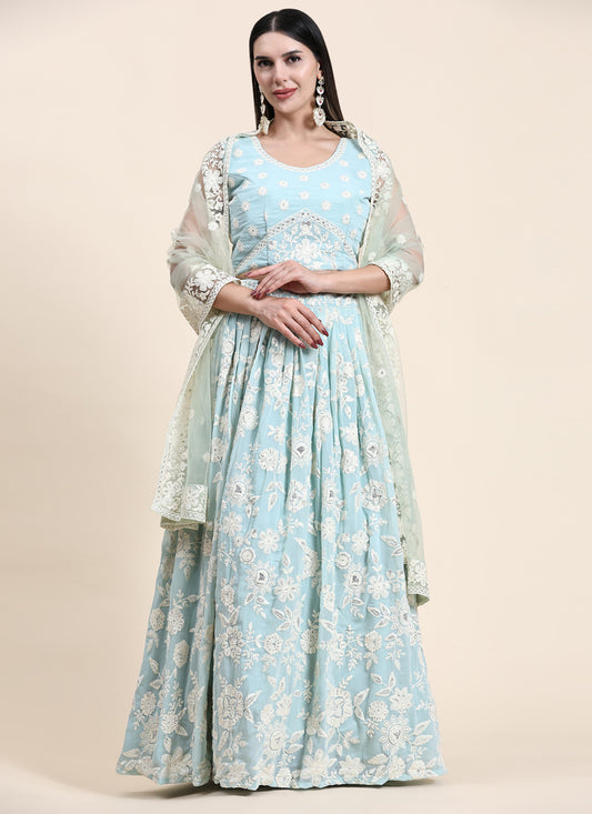 Ice Blue Georgette Lakhnavi Readymade Lehenga Choli