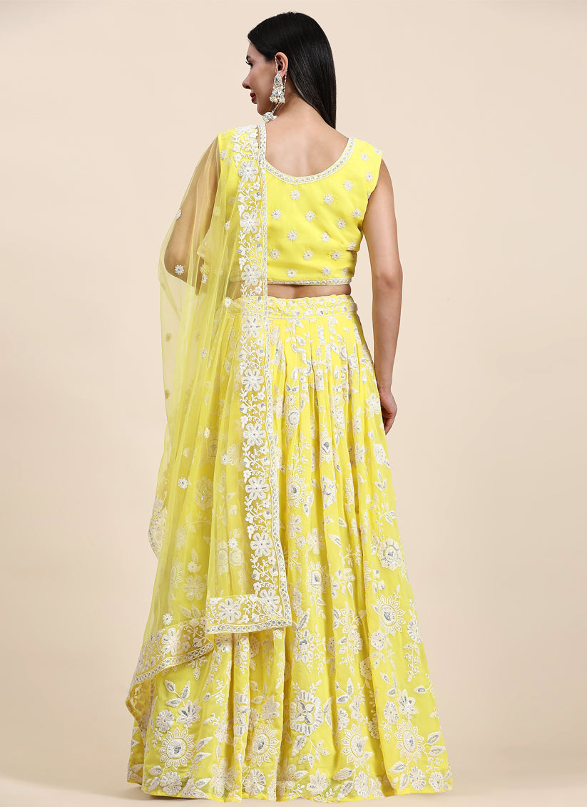 Lemon Yellow Georgette Lakhnavi Readymade Lehenga Choli