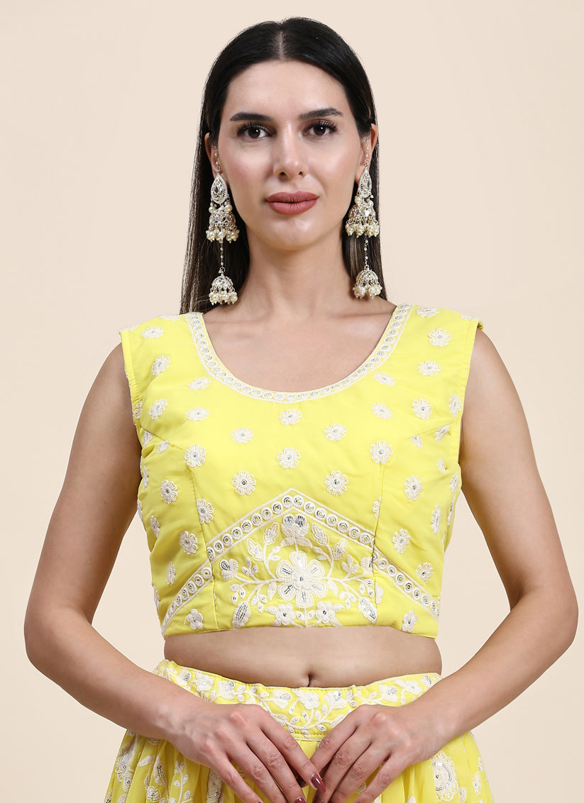 Lemon Yellow Georgette Lakhnavi Readymade Lehenga Choli