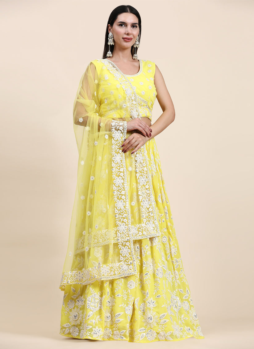 Lemon Yellow Georgette Lakhnavi Readymade Lehenga Choli