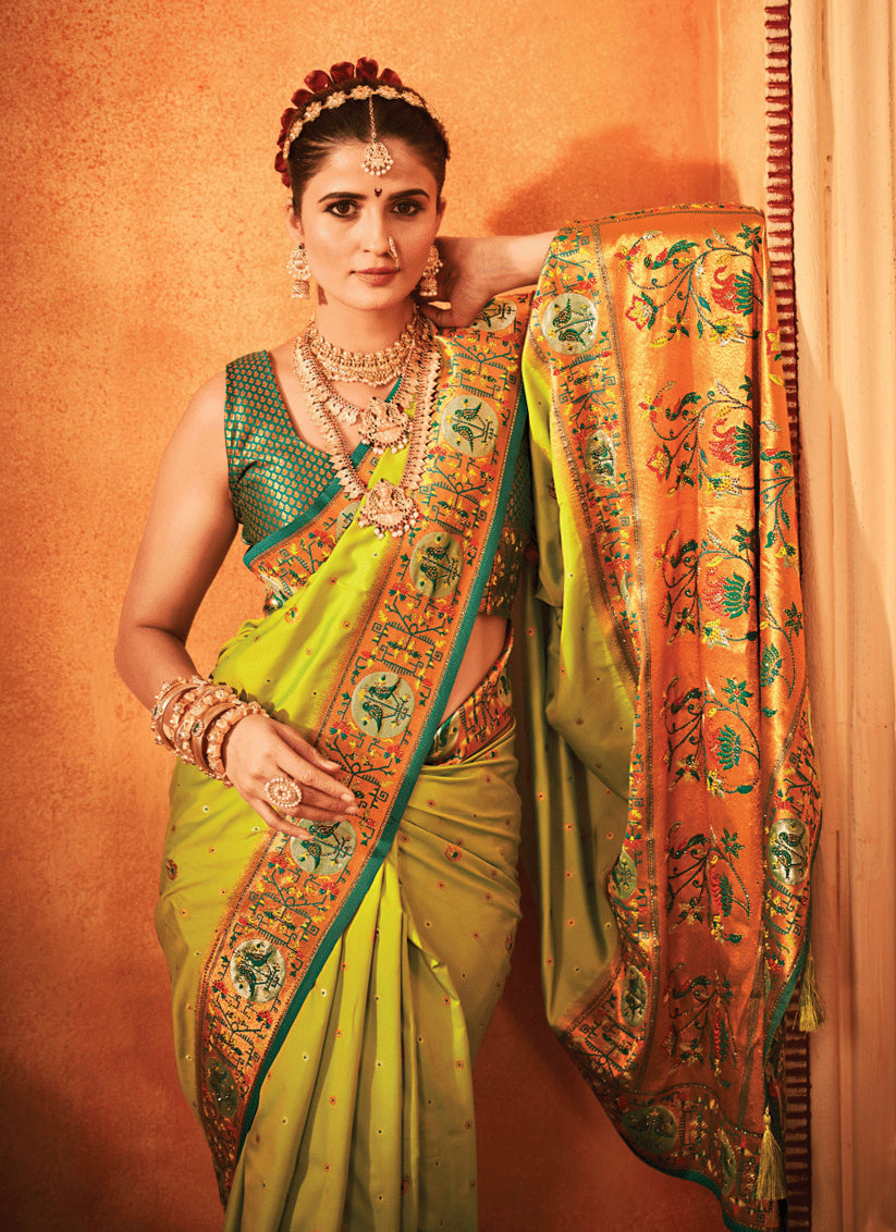 Parrot Green Banarasi Silk Zari Woven Wedding Saree