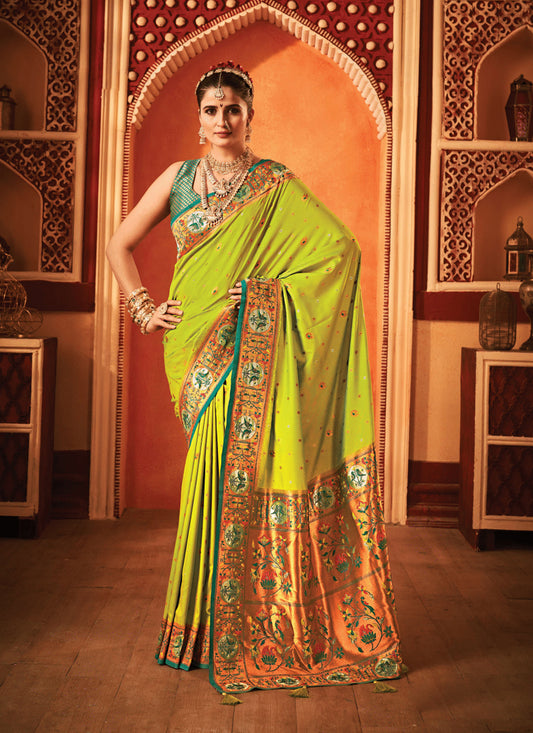 Parrot Green Banarasi Silk Zari Woven Wedding Saree