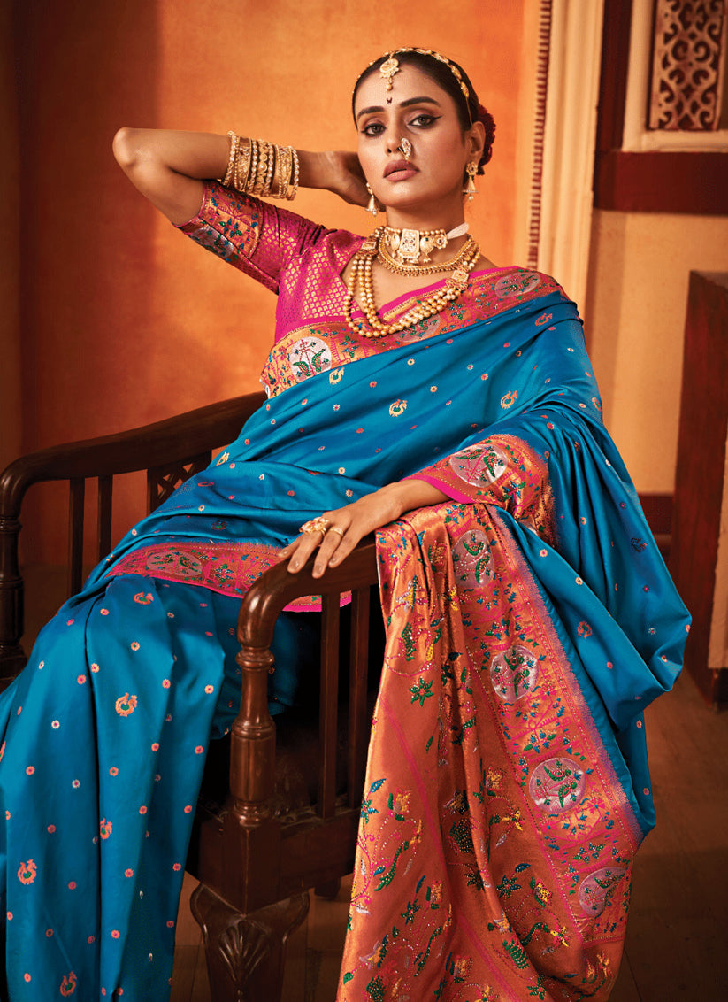 Azure Blue Banarasi Silk Zari Woven Wedding Saree