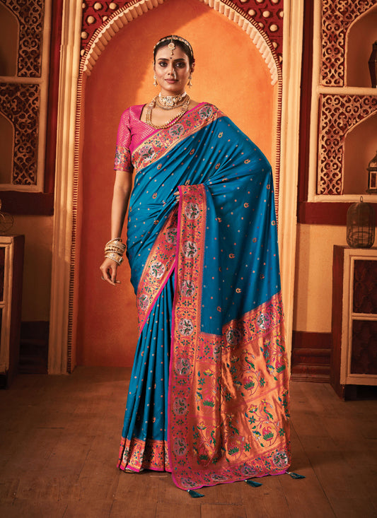 Azure Blue Banarasi Silk Zari Woven Wedding Saree