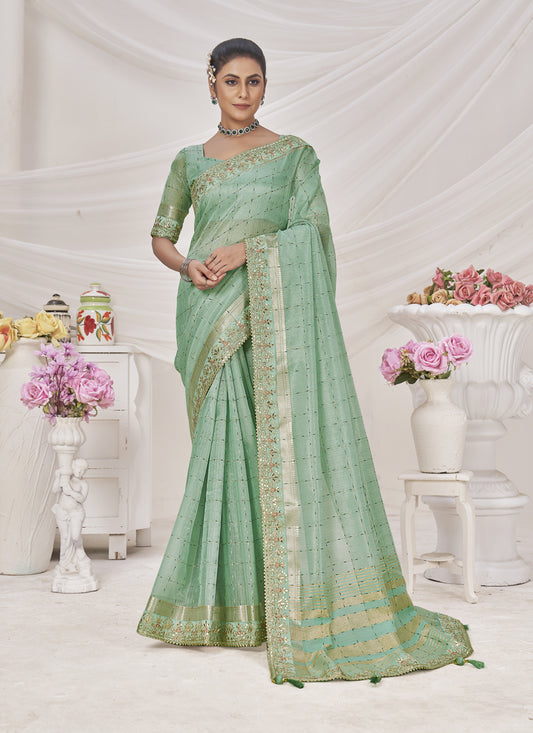 Mint Green Banarasi Silk Embroidered Saree For Festival