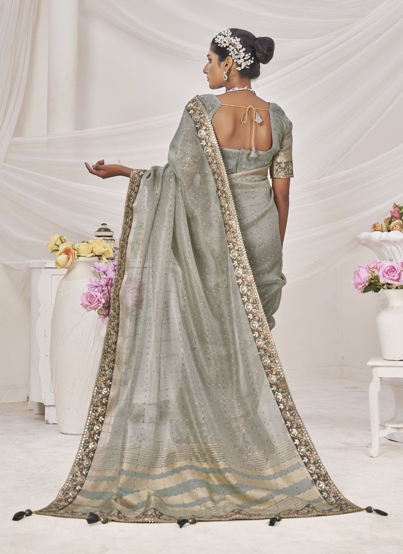 Grey Banarasi Silk Embroidered Saree For Festival