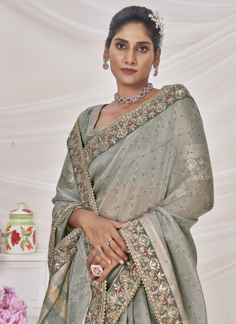 Grey Banarasi Silk Embroidered Saree For Festival