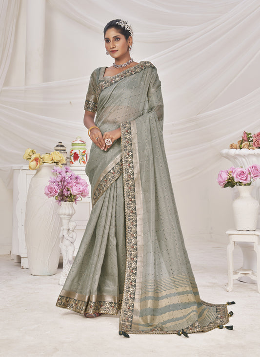 Grey Banarasi Silk Embroidered Saree For Festival