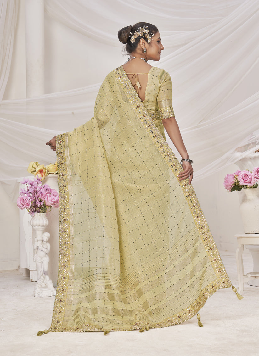 Pastel Yellow Banarasi Silk Embroidered Saree For Festival