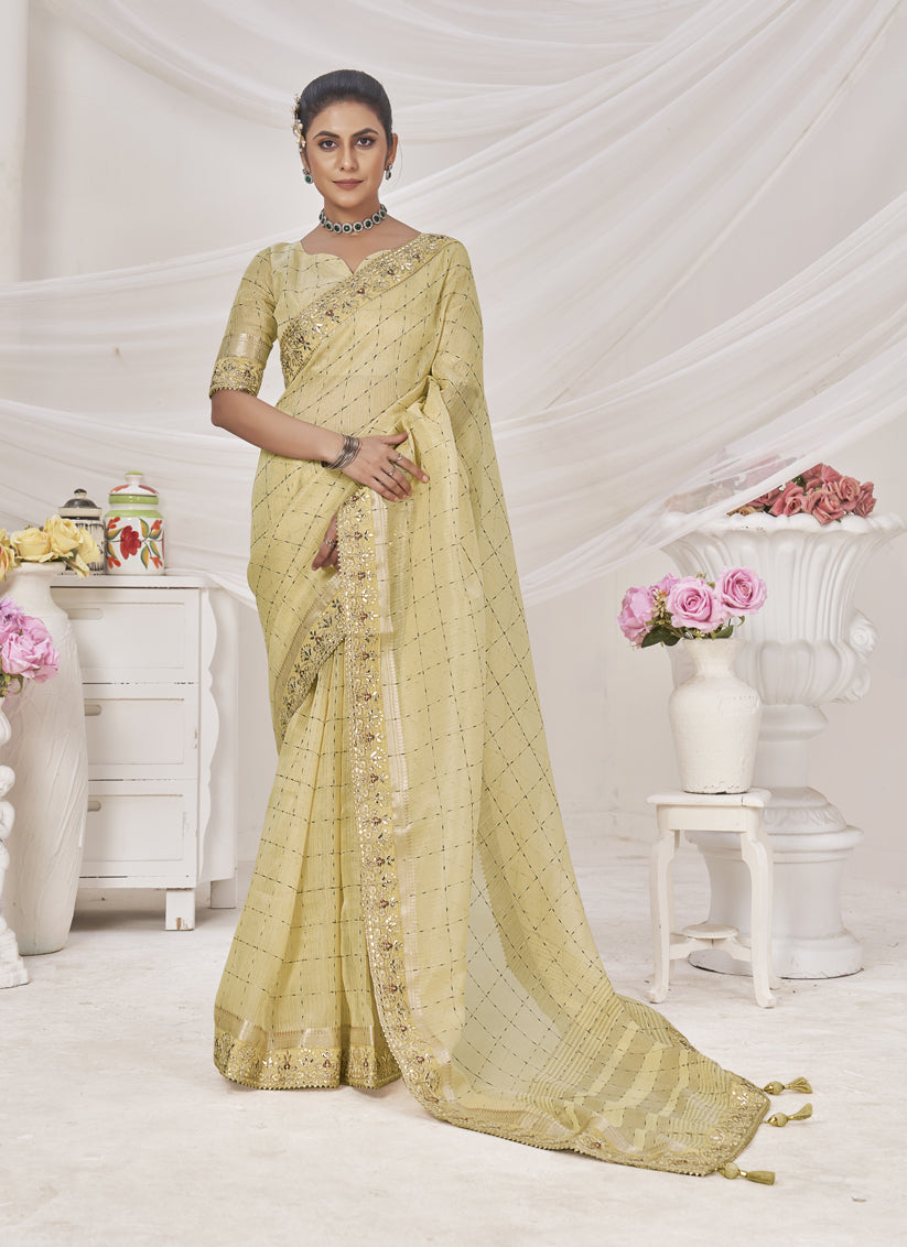 Pastel Yellow Banarasi Silk Embroidered Saree For Festival