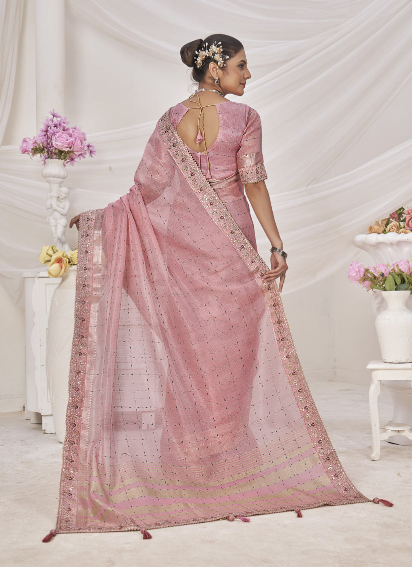 Rose Pink Banarasi Silk Embroidered Saree For Festival