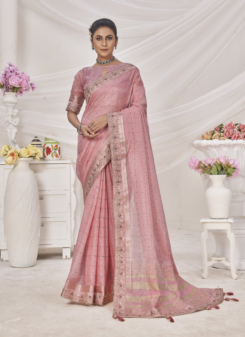 Rose Pink Banarasi Silk Embroidered Saree For Festival