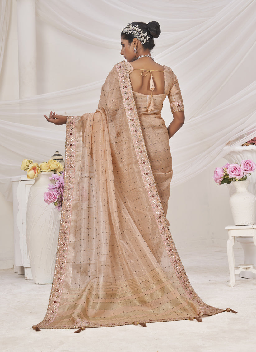 Peach Banarasi Silk Embroidered Saree For Festival