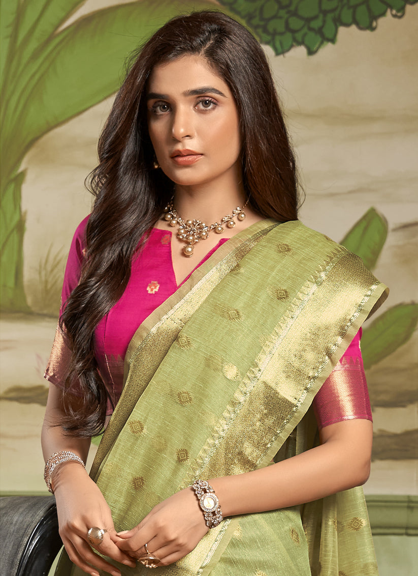 Pistachio Green Cotton Silk Woven Saree For Festival