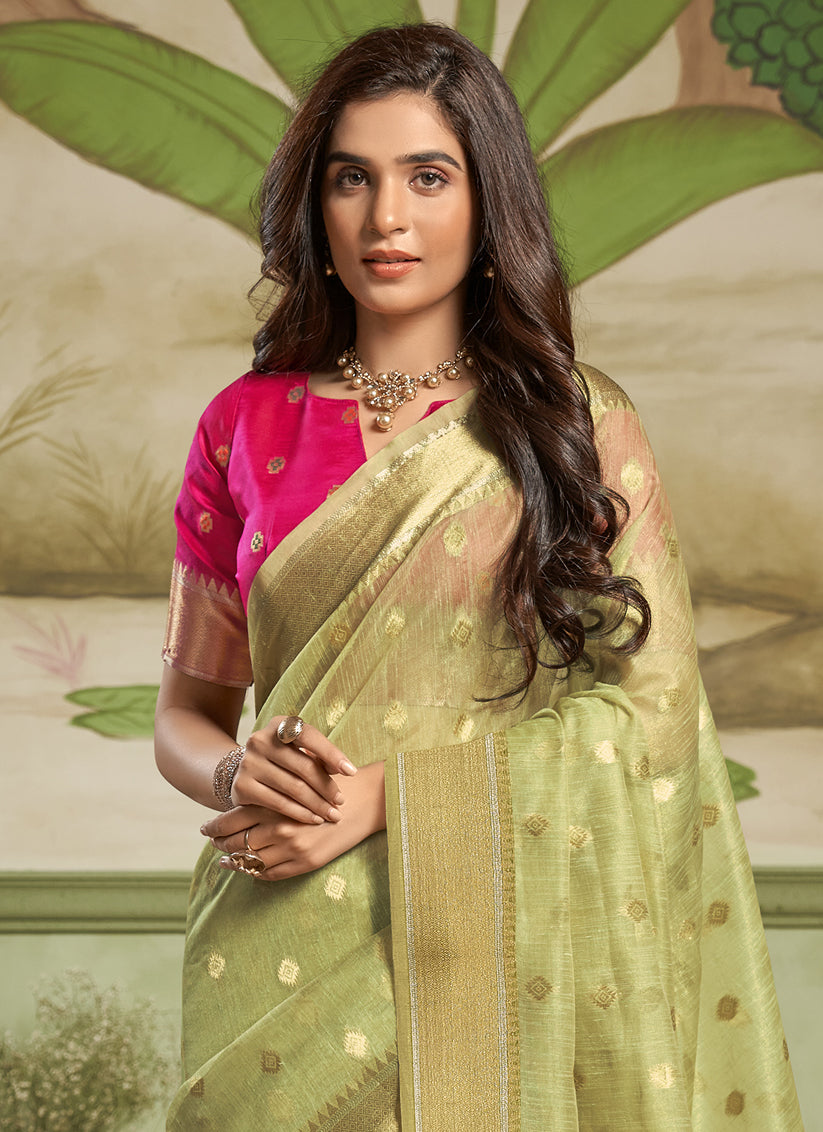 Pistachio Green Cotton Silk Woven Saree For Festival