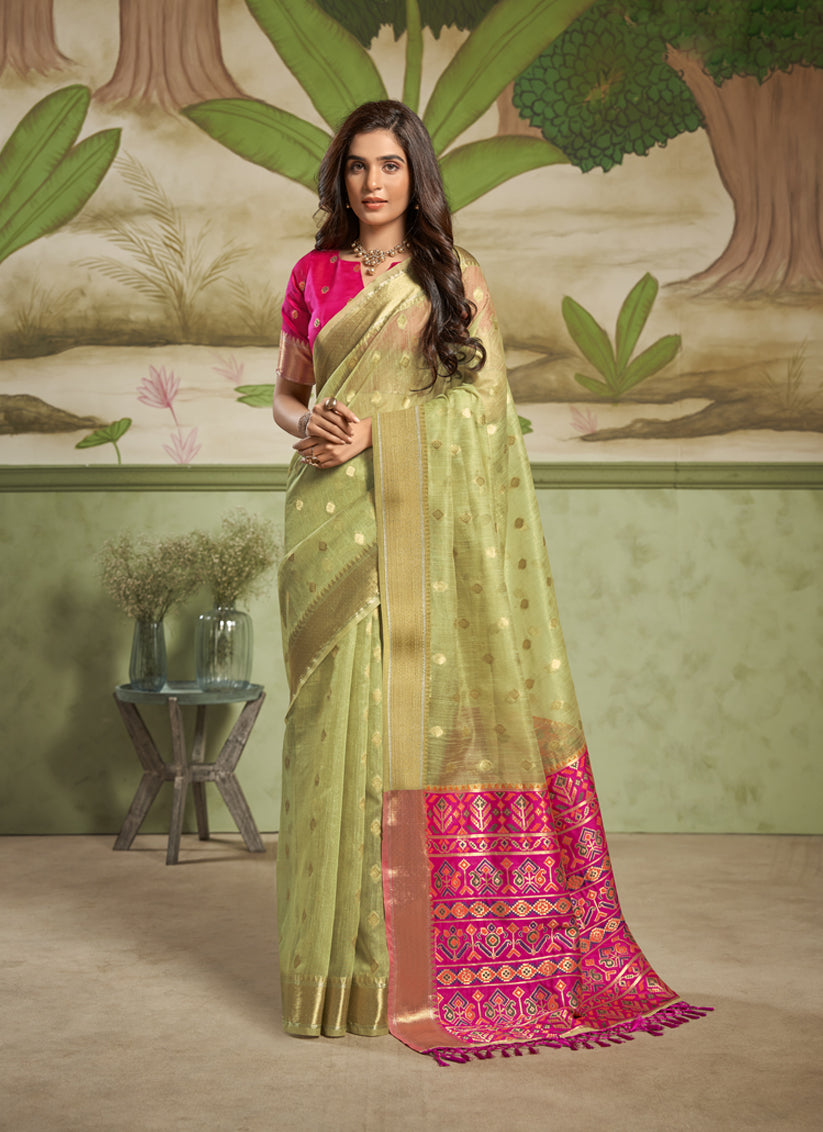 Pistachio Green Cotton Silk Woven Saree For Festival