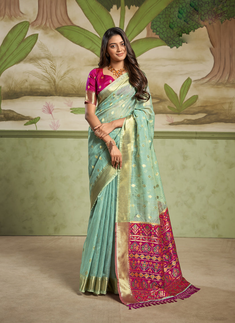 Turquoise Cotton Silk Woven Saree Saree For Festival