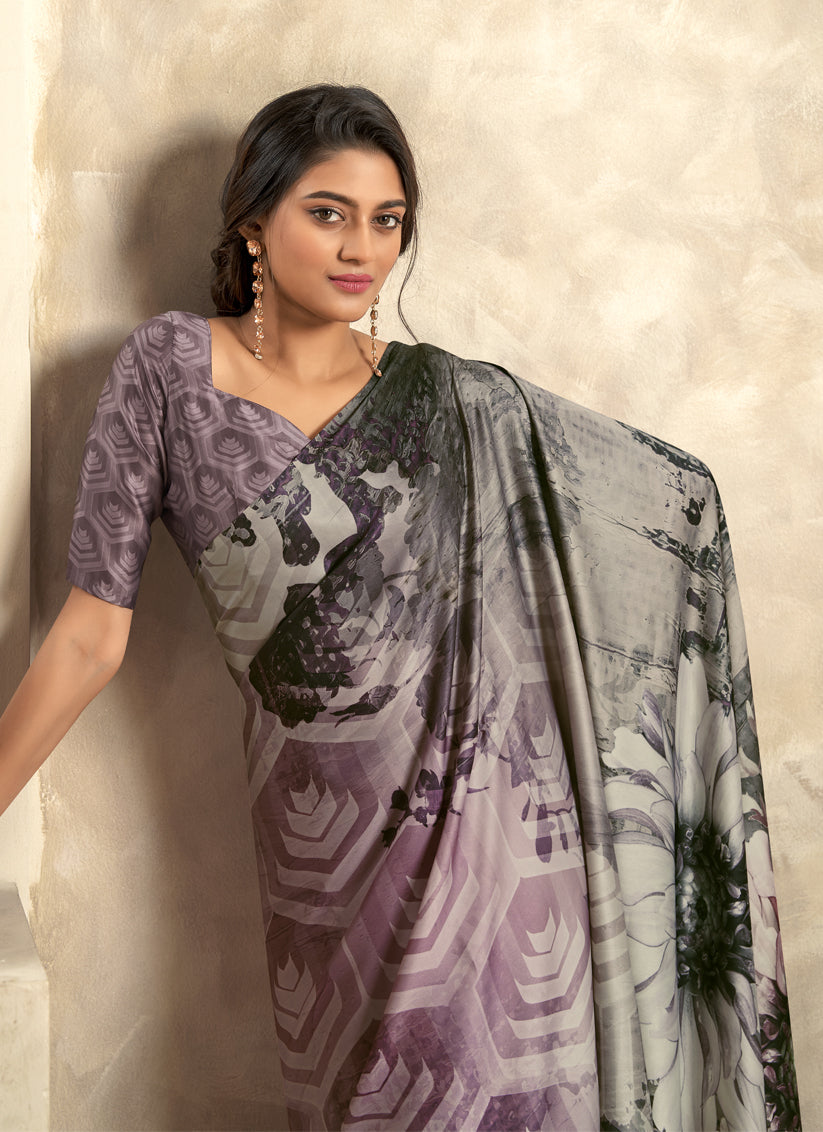 Purple Satin Silk Printed Saree