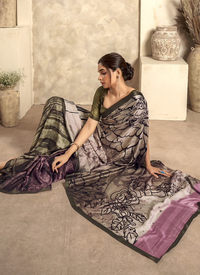 Beige Satin Silk Printed Saree