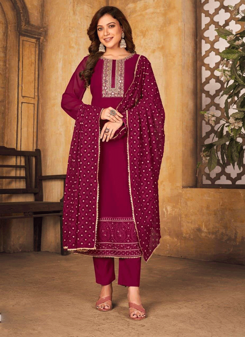 Wine Georgette Embroidered Ready Made Pant Kameez