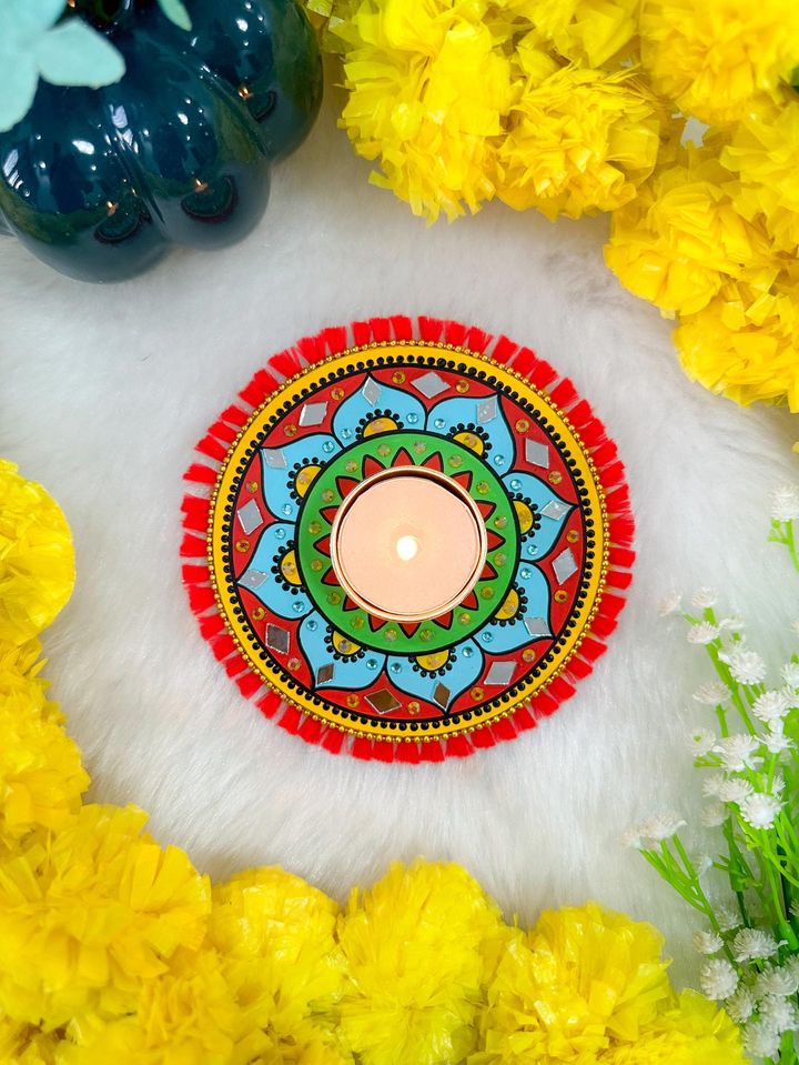 Red Mandala ArtWork Candle Holder (4.5 inches)