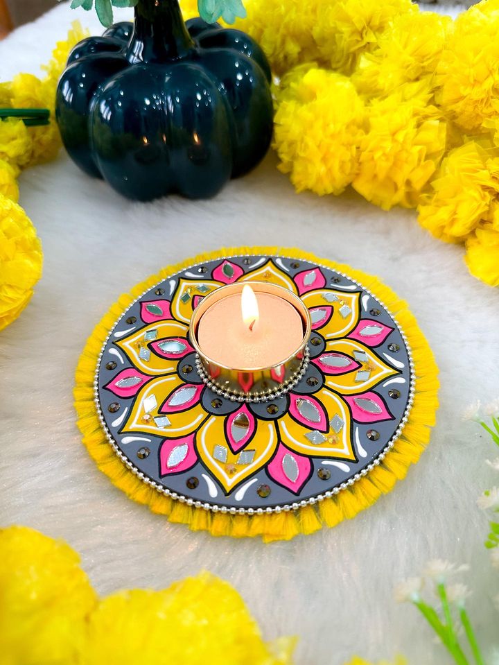 Yellow Mandala ArtWork Candle Holder (4.5 inches)