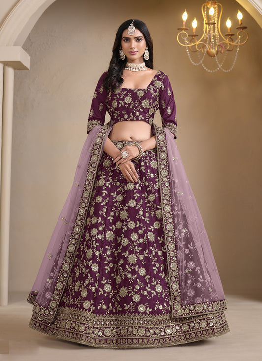 Burgundy Art Silk Embroidered Lehenga Choli