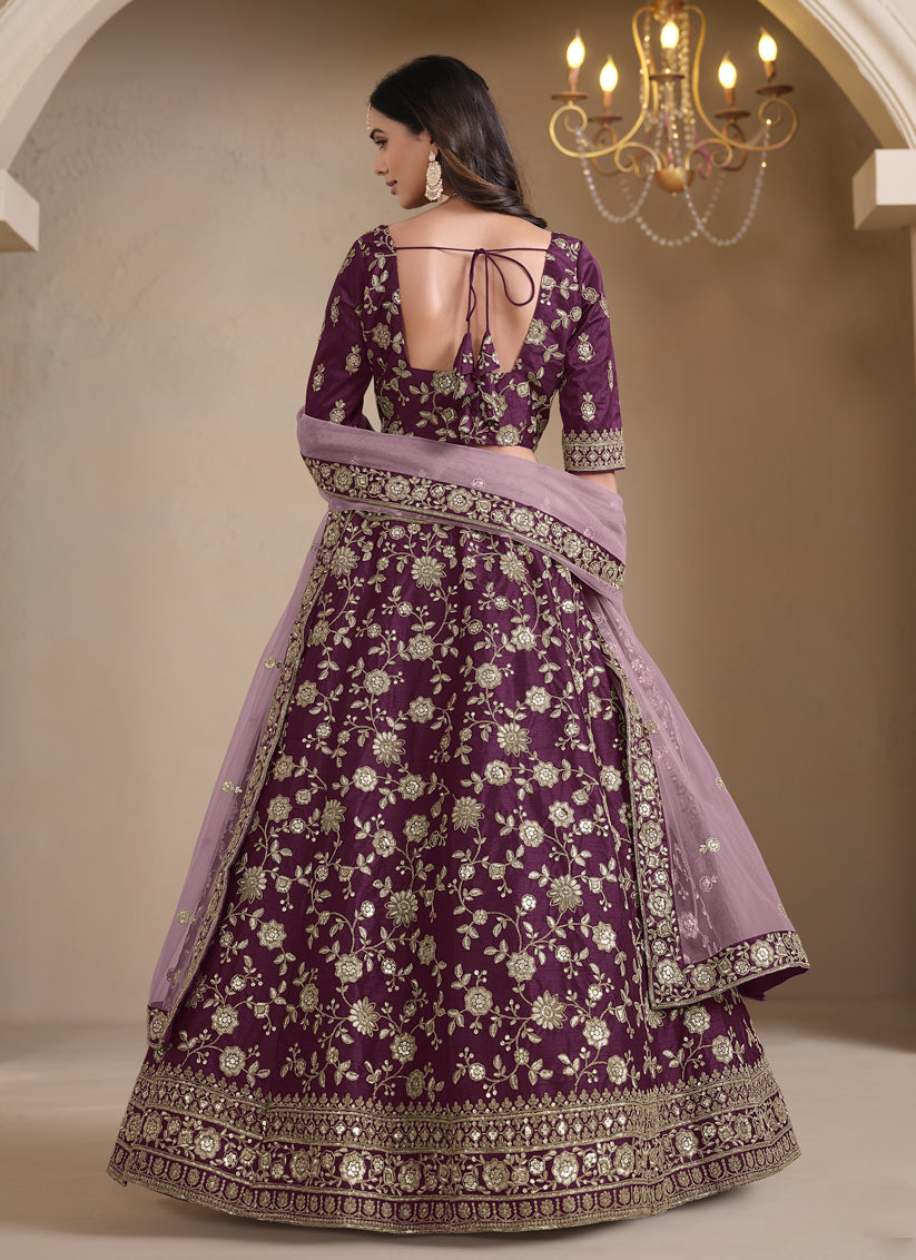 Burgundy Art Silk Embroidered Lehenga Choli