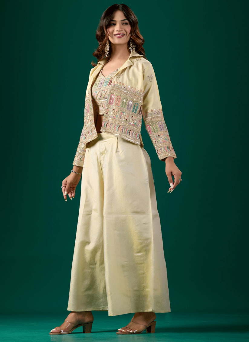 Elegant Off-White Nylon Tissue Stitched Party Wear Suit with Embroidery