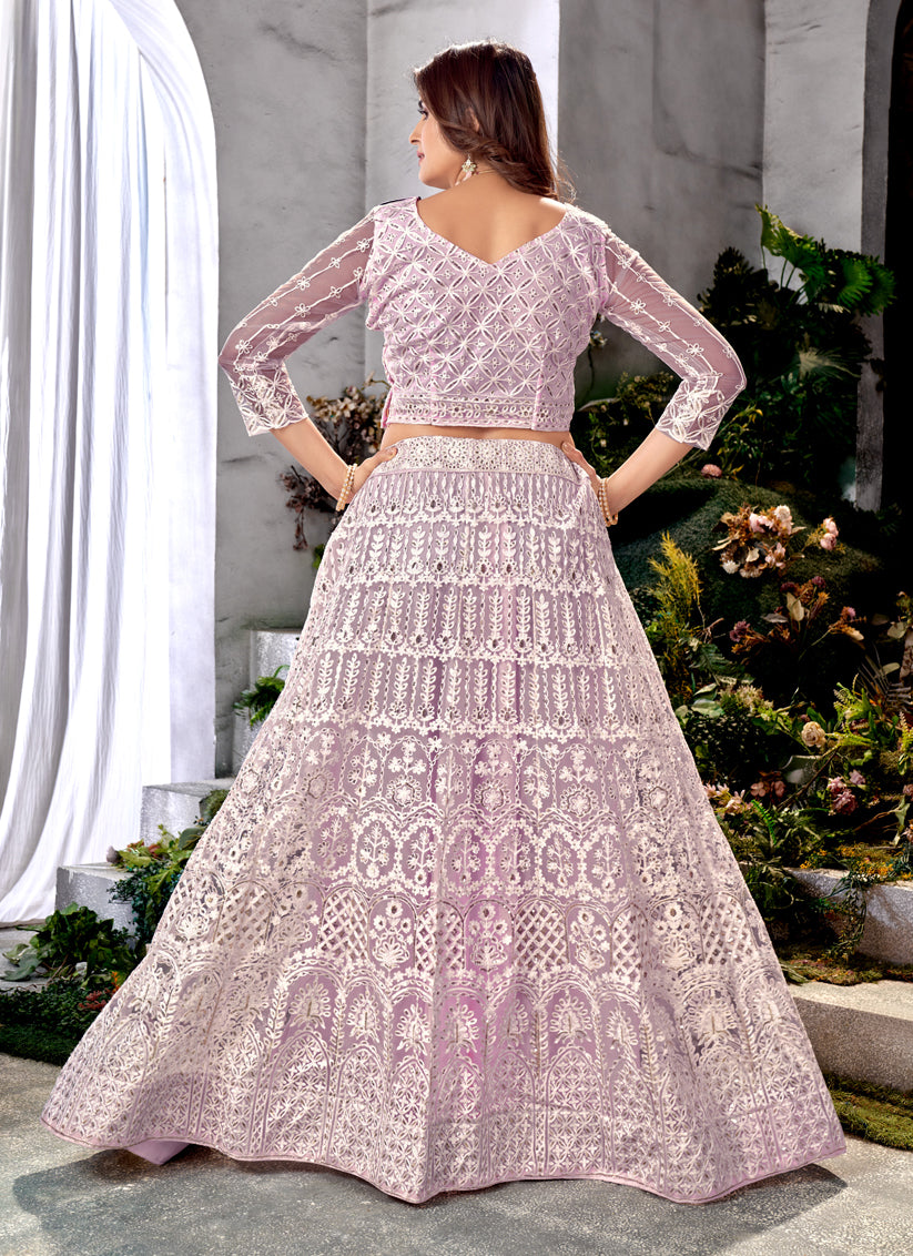 Lavender Net Embroidered Lehenga Choli Set