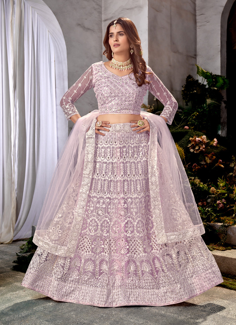 Lavender Net Embroidered Lehenga Choli Set