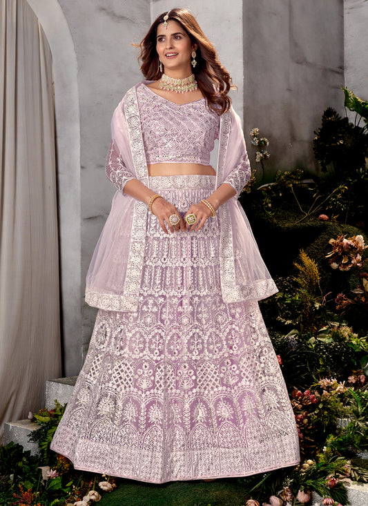 Lavender Net Embroidered Lehenga Choli Set