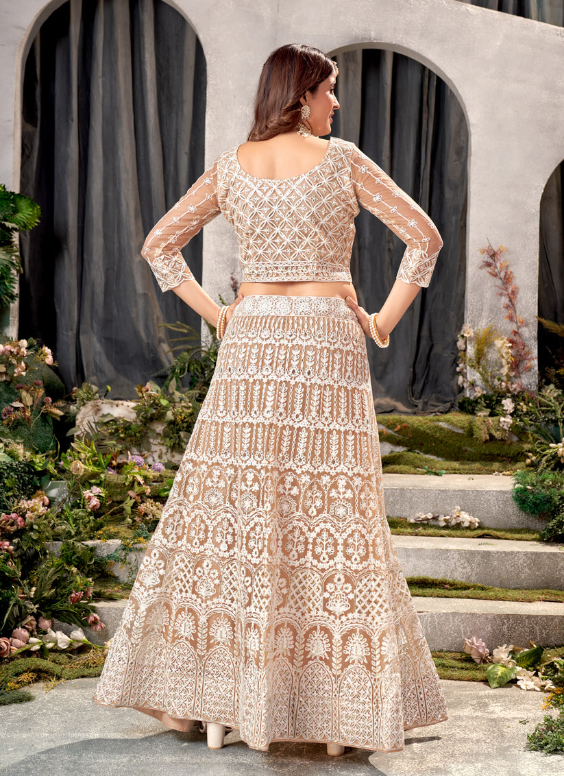 Beige Net Embroidered Lehenga Choli Set