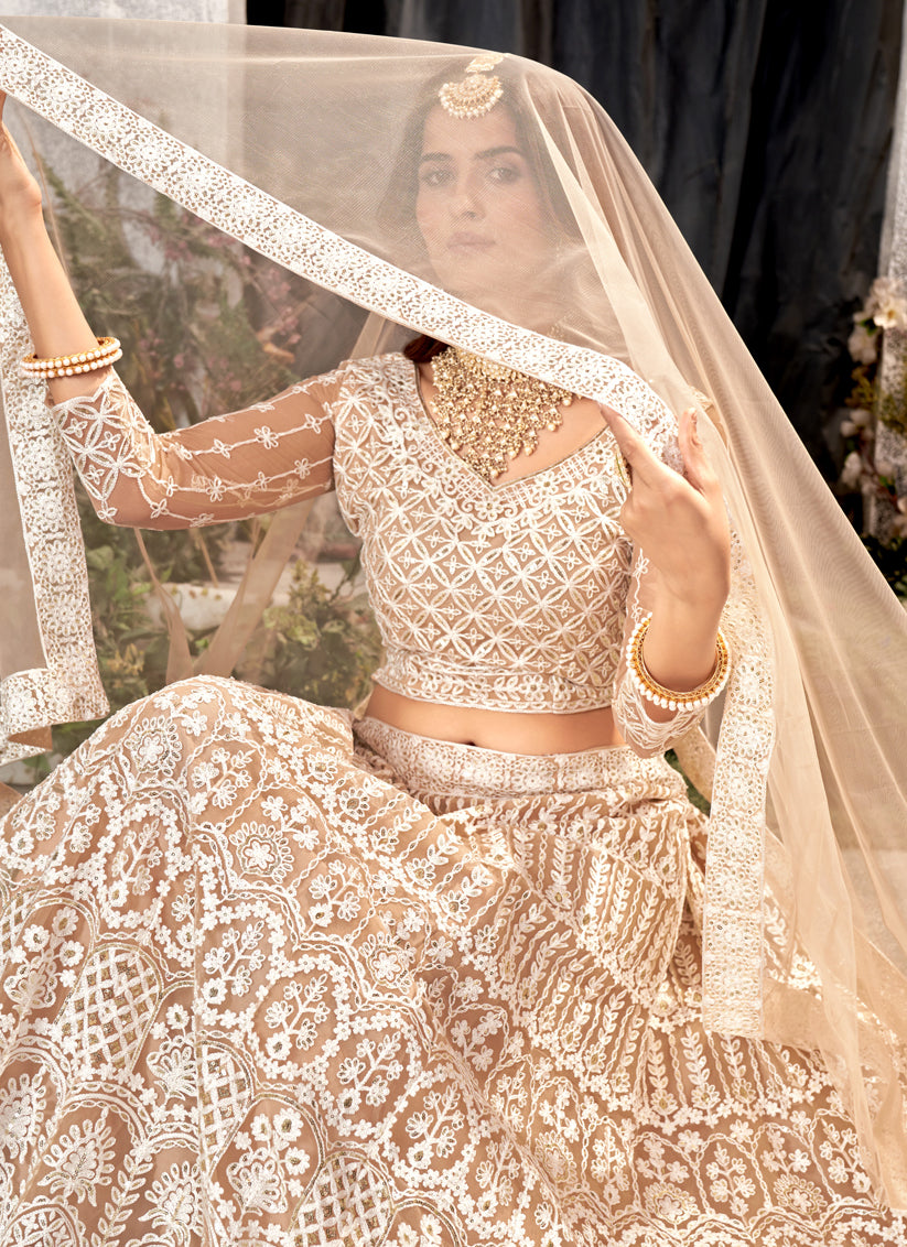 Beige Net Embroidered Lehenga Choli Set