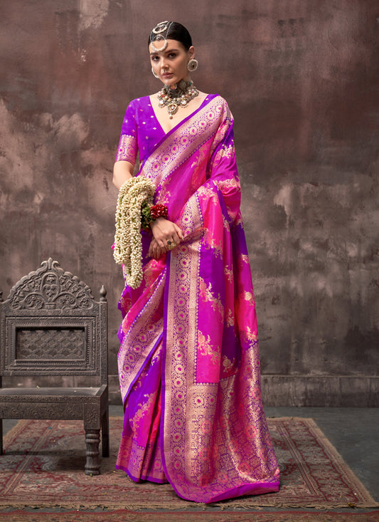 Rani Pink and Magenta Silk Handloom Weaving Saree