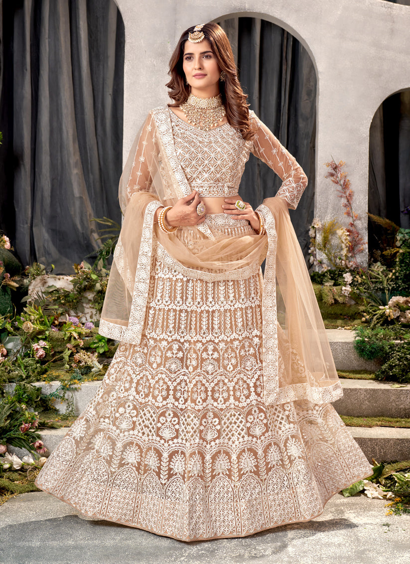 Beige Net Embroidered Lehenga Choli Set