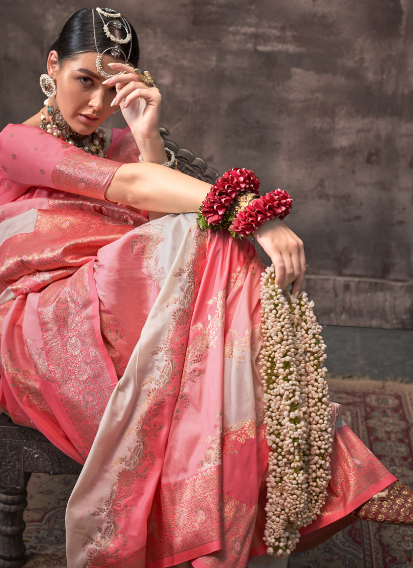 Off White and Pink Silk Handloom Weaving Saree