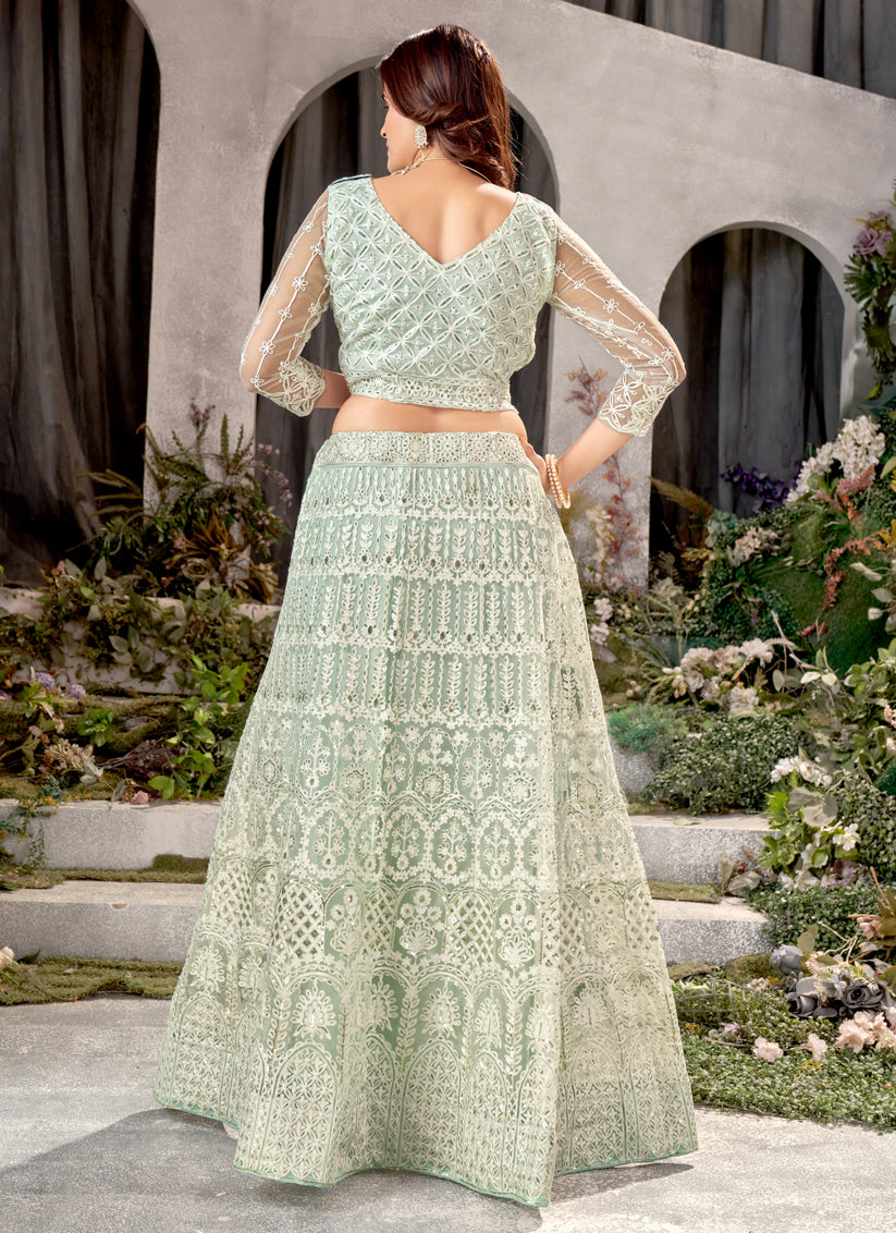 Pista Green Net Embroidered Lehenga Choli Set