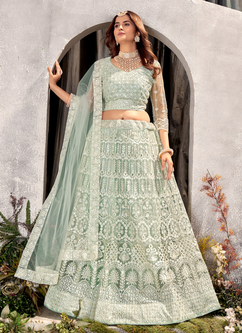 Pista Green Net Embroidered Lehenga Choli Set