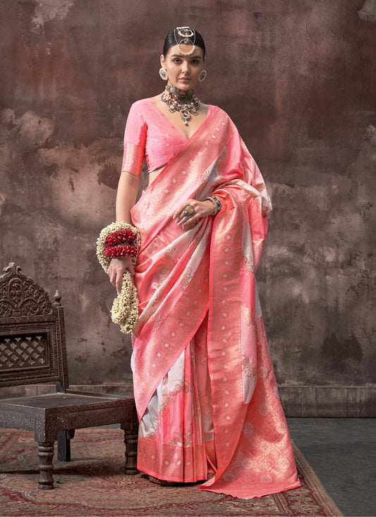 Off White and Pink Silk Handloom Weaving Saree