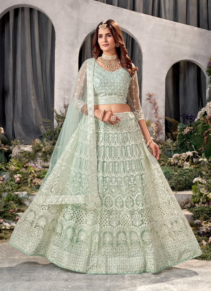 Pista Green Net Embroidered Lehenga Choli Set