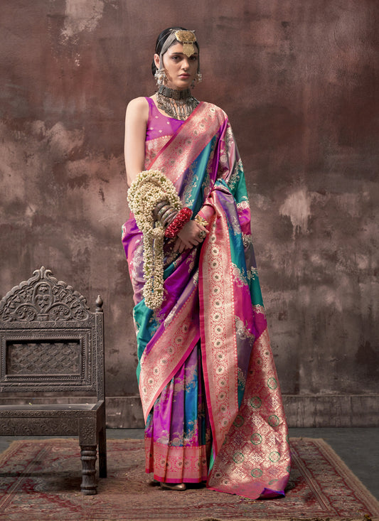 Multicolor Silk Handloom Weaving Saree