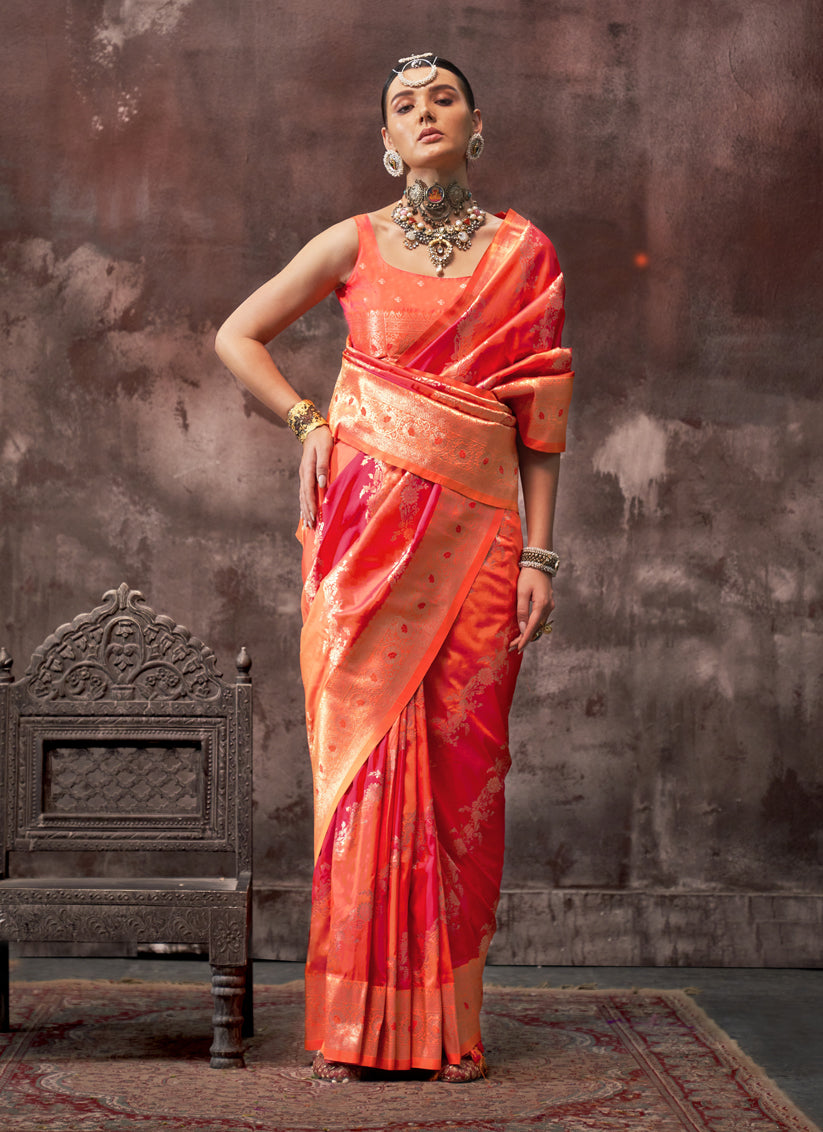 Hot Pink and Orange Silk Handloom Weaving Saree