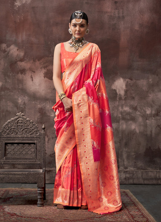 Hot Pink and Orange Silk Handloom Weaving Saree